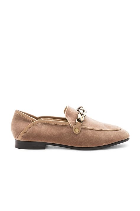 Lola Cruz Velvet Embellished Chain Loafer in Camel | REVOLVE