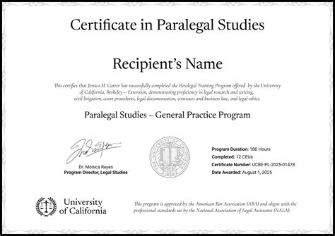Formal and academic paralegal certificate template