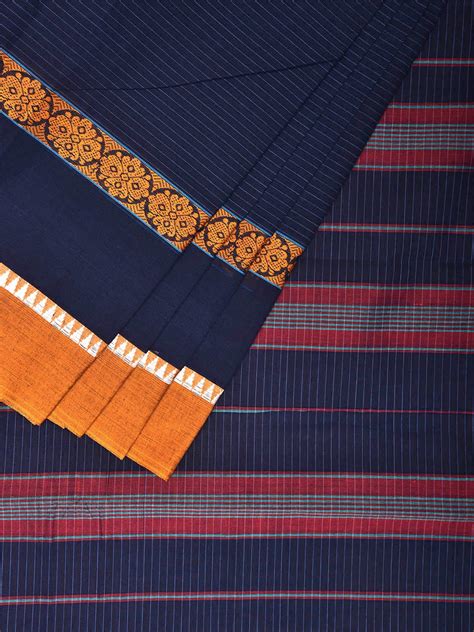 Navy and Yellow Narayanpet Cotton Handloom Saree with Strips Design No ...