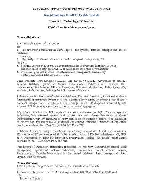 DBMS IT405Syllabus - RAJIV GANDHI PROUDYOGIKI VISHWAVIDYALAYA, BHOPAL ...