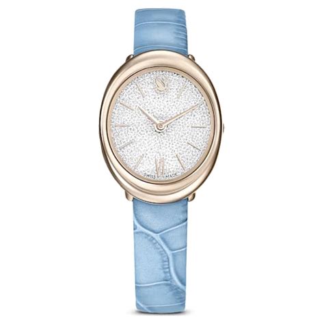Imber oval watch, Swiss Made, Leather strap, Blue, Champagne gold-tone ...