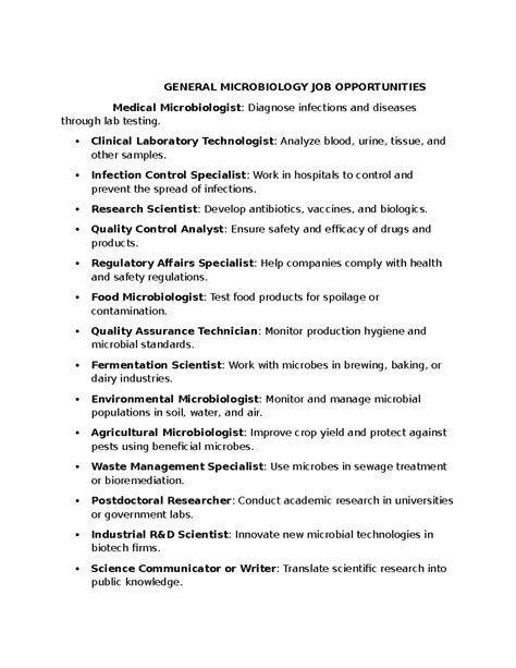 GENERAL MICROBIOLOGY JOB OPPORTUNITIES: Roles & Responsibilities - Studocu