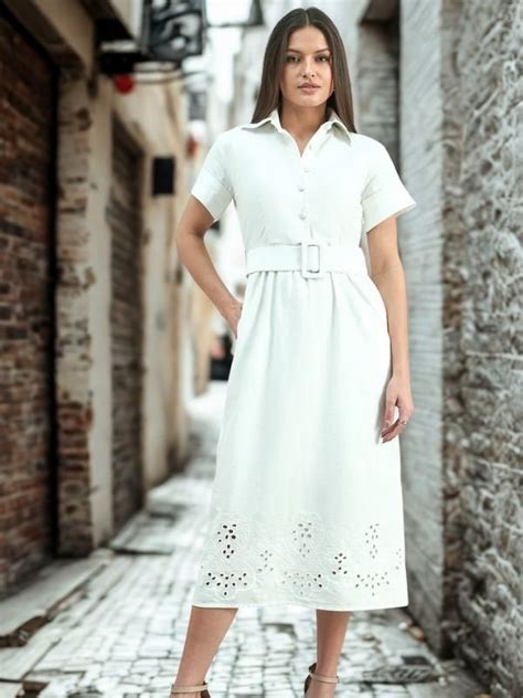 Women Cotton Schiffli A-Line Dress With Belt