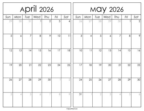 April May 2026 Calendar Templates - SpootViral