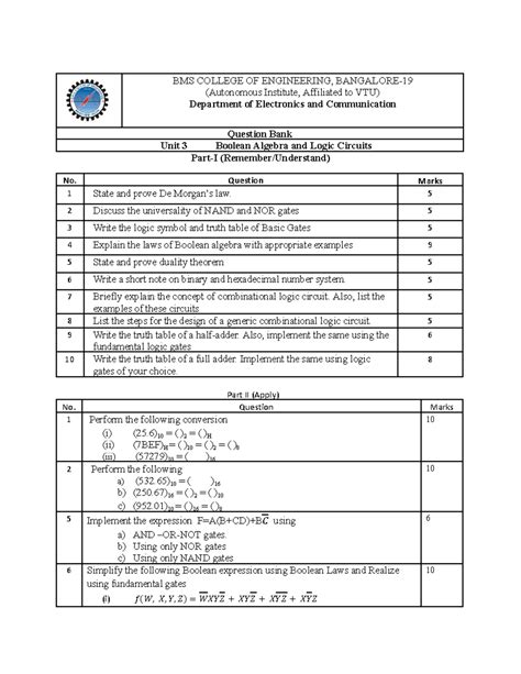Unit 3 Question Bank: Boolean Algebra & Logic Circuits (BMS) - Studocu