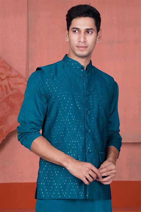 Venice Blue Textured Premium Polyester Designer Nehru Jacket For Men