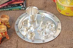 Buy Crafticia Metal Pooja Thali Set Silver Plated 7 Piece Puja Set ...