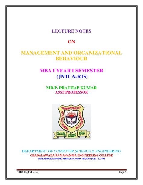 MBA I Year I Semester Lecture Notes on Management & Organizational ...