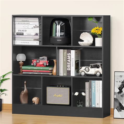 YAHARBO Black Wide Bookshelf,3 Tier Modern Horizontal Bookcase,Wood Low ...