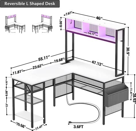 Buy Homieasy L Shaped Desk with LED Strip and Power Outlets, Corner ...
