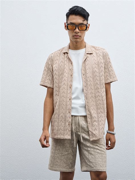 Buy ETA Taupe Cut-Out Detailed Relaxed Fit Cotton Blend Shirt from Westside