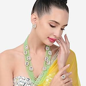 Buy ZAVERI PEARLS Green Blue Stones & Multistrand Beaded Long Kundan ...