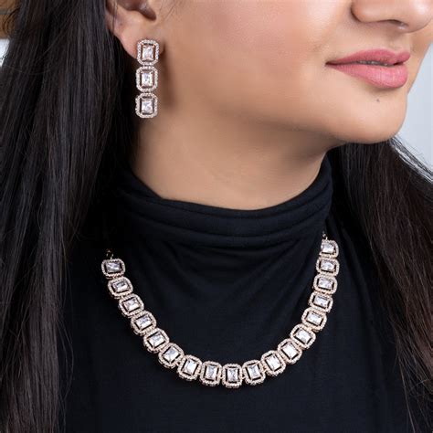 Estele Rose Gold Plated CZ Ossum Octagon Necklace Set