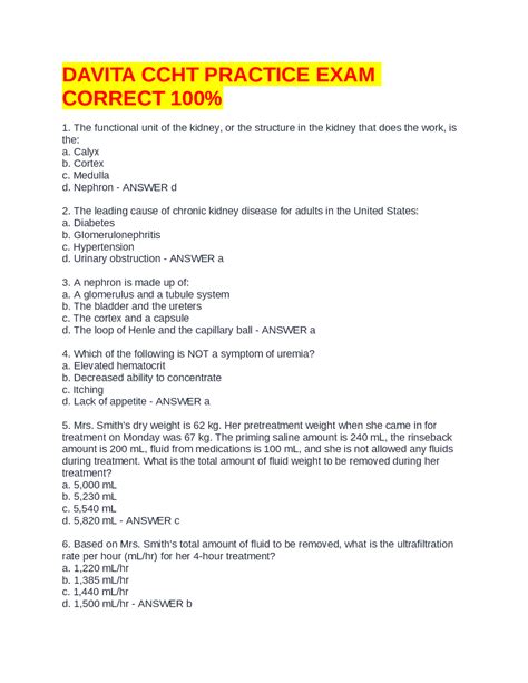 DAVITA CCHT PRACTICE EXAM CORRECT 100% | Exams Nursing | Docsity
