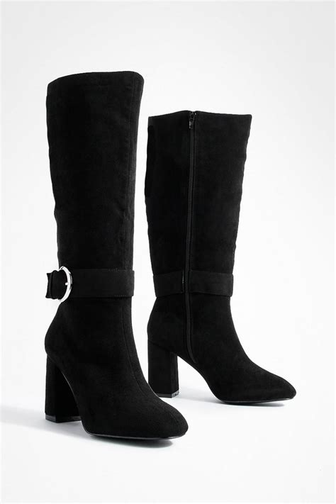 Wide Fit Buckle Block Heel Knee High Boots | boohoo UK