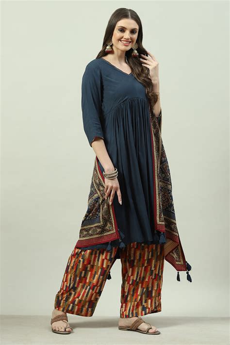 Navy LIVA A-Line Kurta Palazzo Suit Set at Biba India