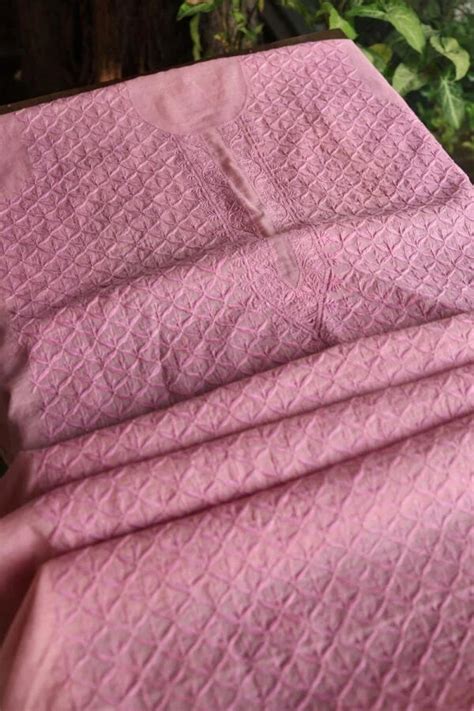 Pink All Over Chikankari Malmal Unstitched Men's Kurtas Fabric