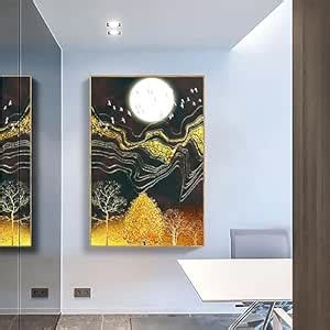 PAINTINGMANTRA Canvas Painting Golden Emerald, Moon On Gold Line ...
