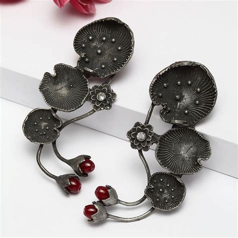 Buy Moedbuille Red Pearl & Stone Studded Antique Design Oxidised Silver ...