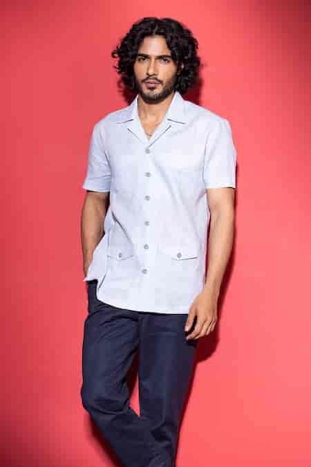 Buy Blue Linen Patch Pocket Detailed Safari Shirt For Men by Amit Arora ...