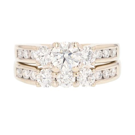 1.55ctw Round Cut Diamond Three-Stone Wedding Set Rings 18k White Gold ...