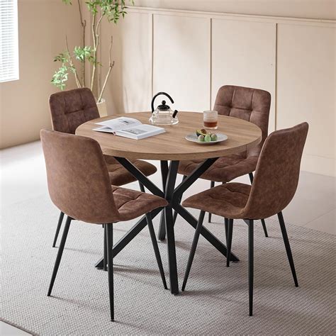 DEYARNA HOME Dining Set 5-Piece 100 cm Round Dining Table and 4 Faux ...