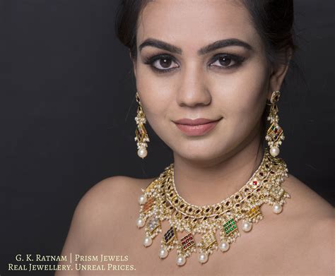 22k Gold and Diamond Polki Navratna Necklace Set with lustrous pearl c ...