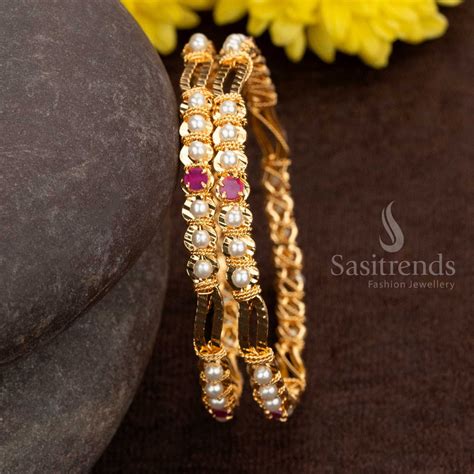 Micro Gold Plated Pearl Bangle with AD Stone Center - Sasitrends