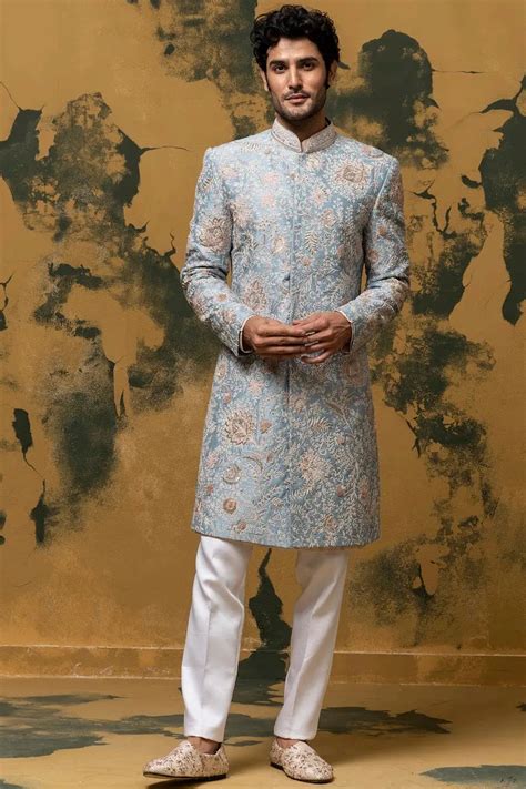 Blue Sherwani With Kiran Dori & French Knots - Asuka Couture