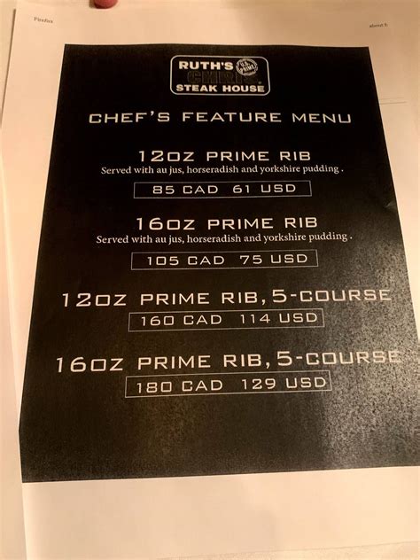 Menu at Ruth's Chris Steak House steakhouse, Niagara Falls, Fallsview Blvd