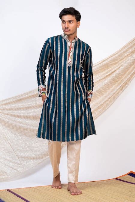 Buy Blue Chanderi Silk Print Kalamkari Wildbloom Striped Kurta With ...