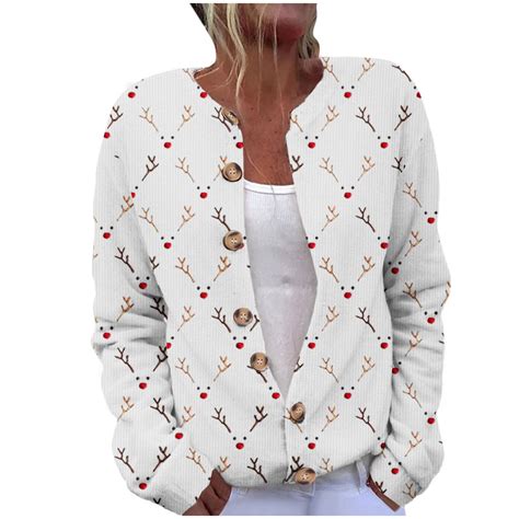 lcziwo Ugly Christmas Cardigan Women Cute Funny Elk Print Button Down ...