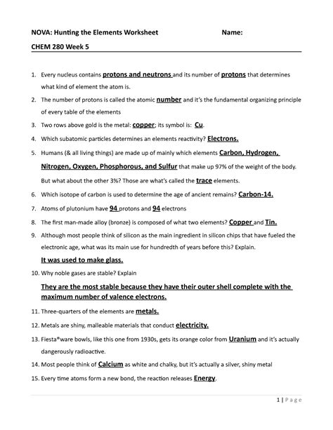 W5 Lab Assignment - NOVA: Hunting the Elements Worksheet Name: CHEM 280 ...
