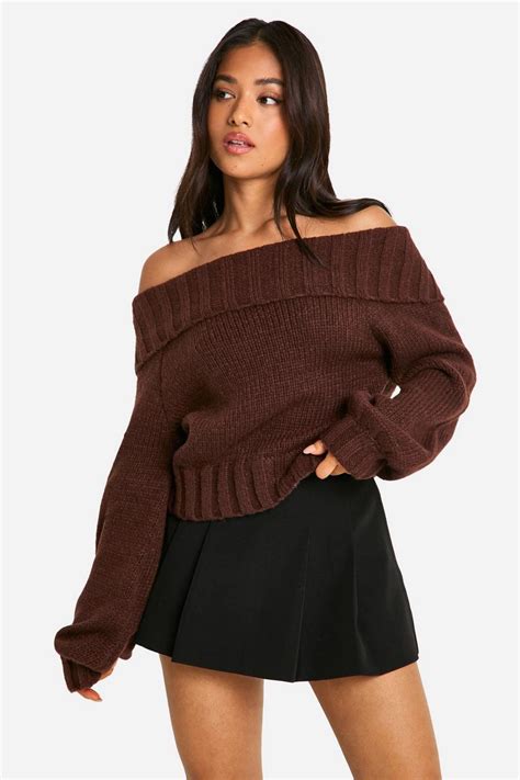 Petite Ribbed Off The Shoulder Balloon Sleeve Knitted Sweater | boohoo USA