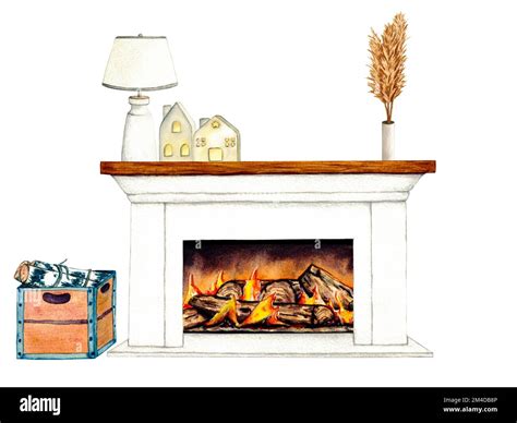 Home Clip Art Fireplace Watercolor Christmas Fireplace Isolated.