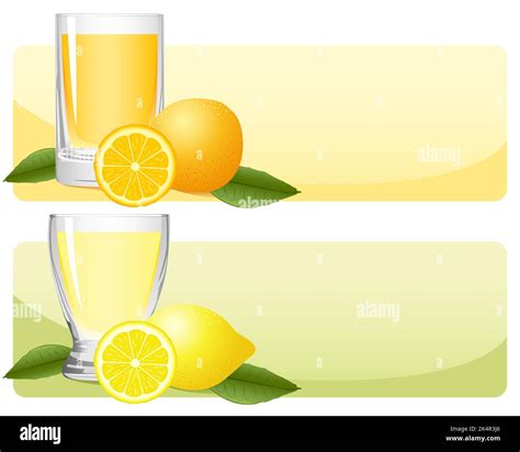 A set of citrus juice banners, one with orange juice and oranges, the ...