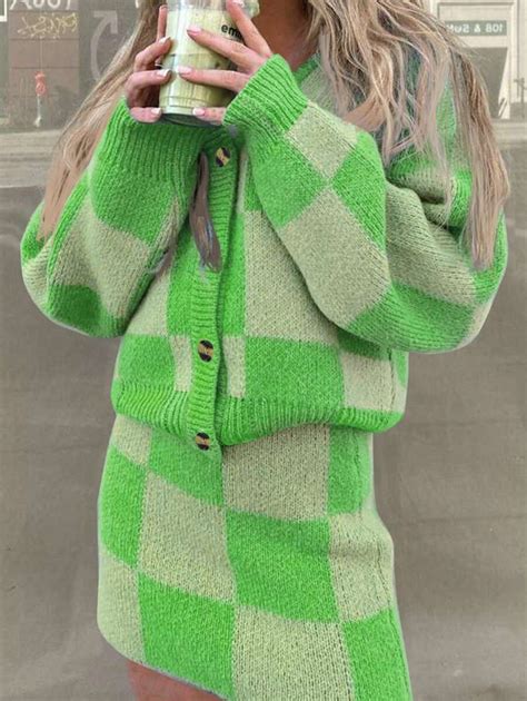 INAWLY Women 2 Pieces Button-Front Long Sleeve Plaid Shirt And Skirt ...