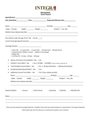Fillable Online Life Insurance Quote Form Fax Email Print - pdfFiller