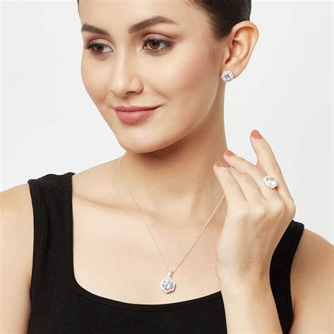 Round Cut Zircons Embellished Floral Motifs 925 Sterling Silver Box Se ...