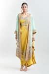 Buy Yellow Georgette, Cotton Embroidery Round Neck Draped Tunic Set ...