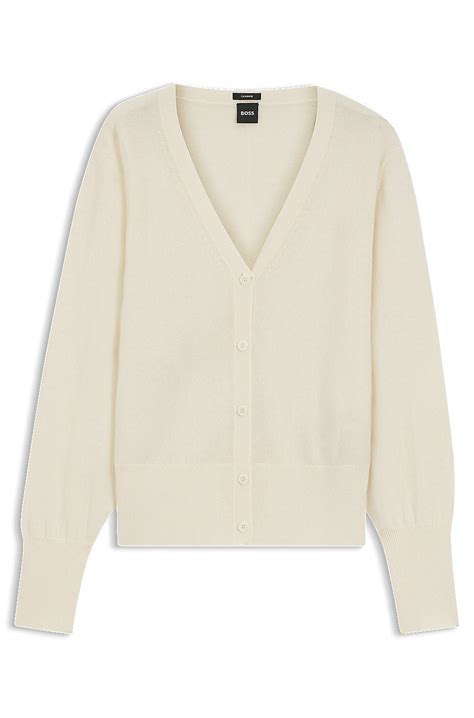BOSS - Relaxed-fit cardigan in cashmere with ribbed trims - White