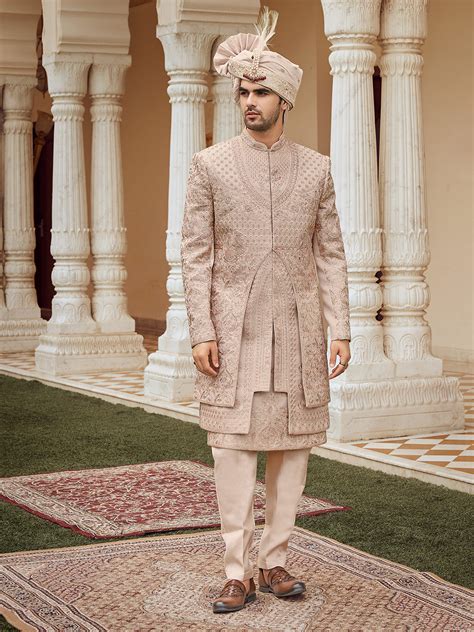 Layered Sherwani with Self Embroidery in Peach – Suvidha Fashion
