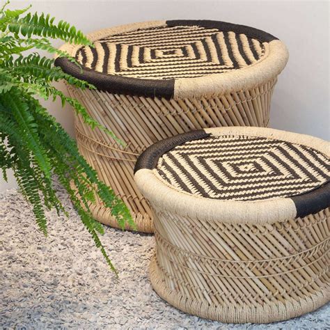 Handmakers Black & Beige Bamboo Mudda Stool with Flower Design (Set of 2)
