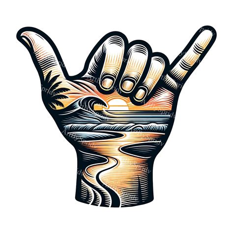 Hang Loose Shaka Sign Clipart: Beach Sunset, Ocean Waves Digital PNG ...