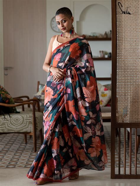 Floral Printed Cotton Multicolour Saree|Bees Butterflies|Suta