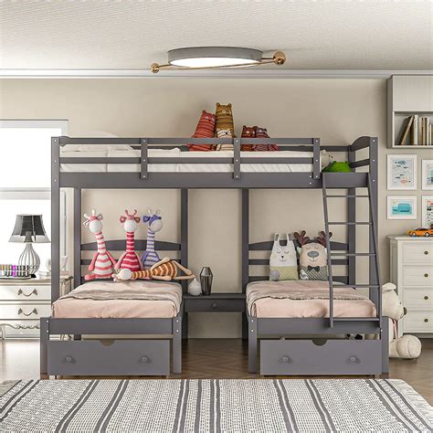 Amazon.com: Triple Bunk Bed Full Over 2 Twin Bunk Bed for 3, Wood ...