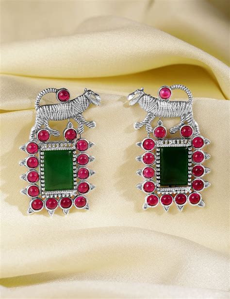 Rubans Oxidized Silver Plated Emerald, Ruby & Zirconia Studded Tiger M