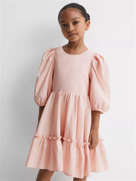 Reiss Kids' Toby Volume Puff Sleeve Tiered Dress, Pink