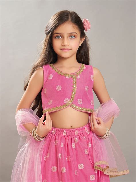 Bitiya by Bhama Girls Pink Jacquard Booti Ready to Wear Lehenga & Chol