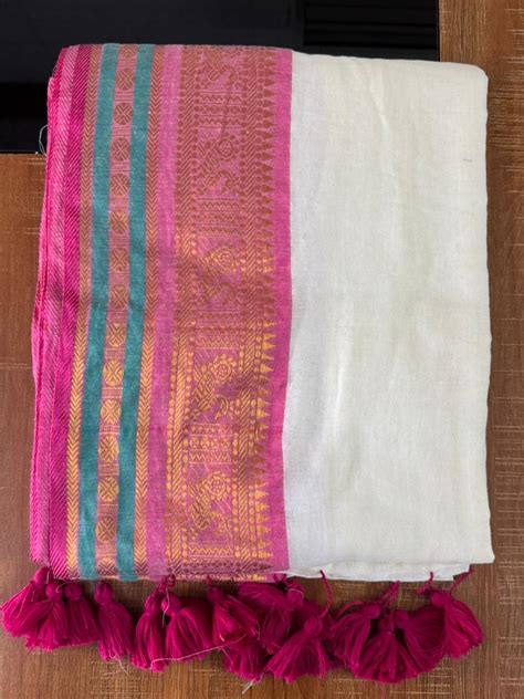 Pink Teal Bengal Origin Cotton Saree Golden Hibiscus – Putul's Fashion